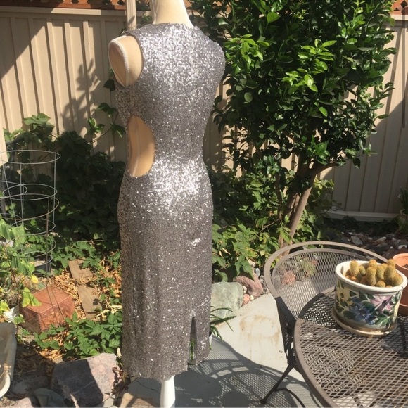 Sequined ‘Ryan’ Cutout Tea-Length Dress in Silver - Picture 5 of 14